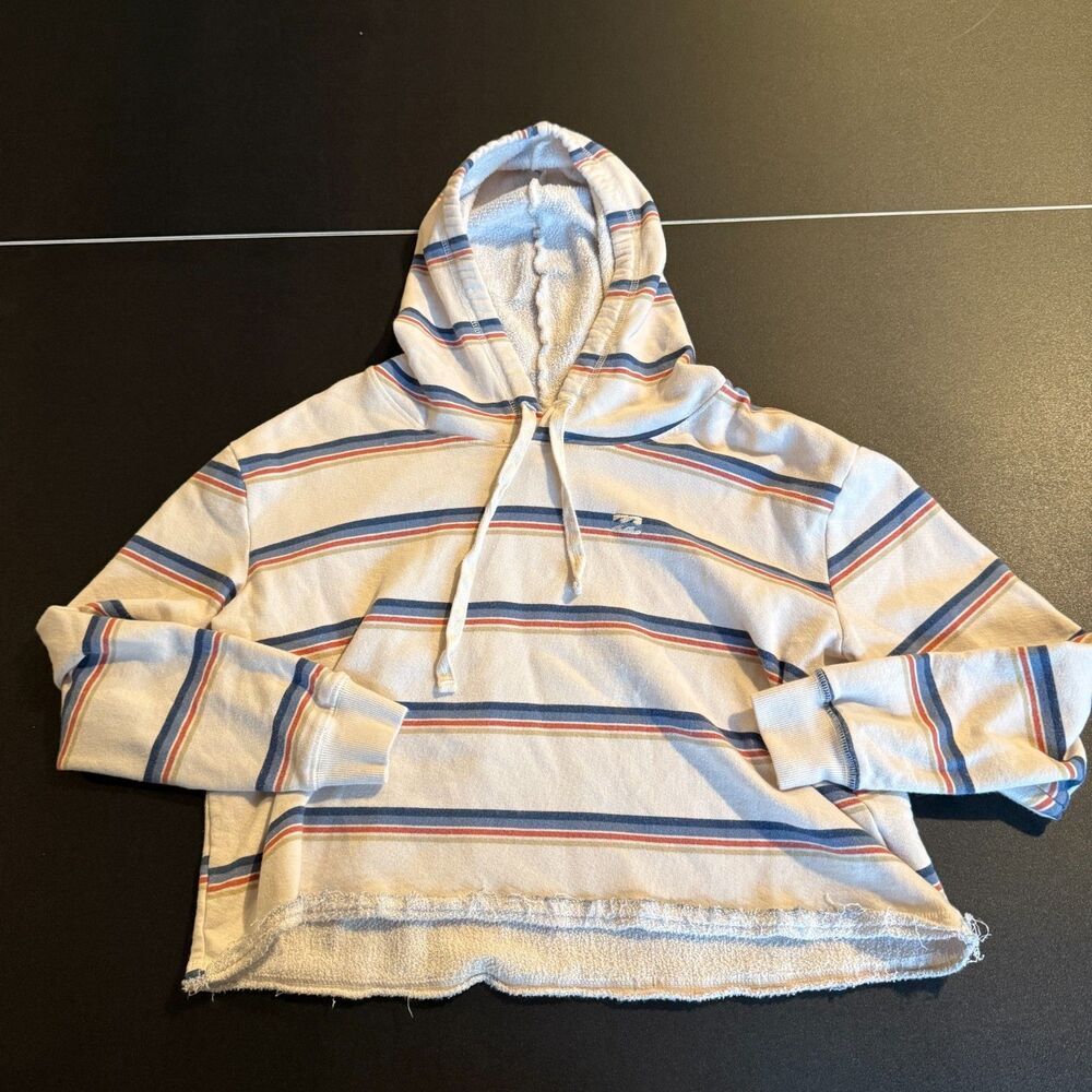 Billabong Hoodie Women's Medium Striped Cropped Raw Hem Pullover Surf Beach Boho